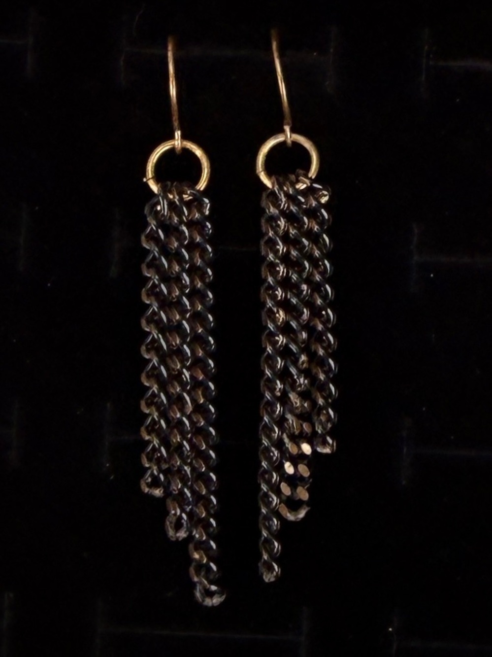 Vintage black gunmetal fringe chain, bohemian chic pierced earrings
